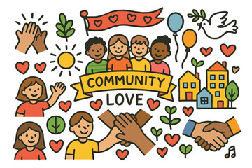 Naklejka premium Community Harmony Doodle. Community love. Colorful Hand-drawn doodle Children illustration Community love neighbors, hands together, hearts, buildings, plants,