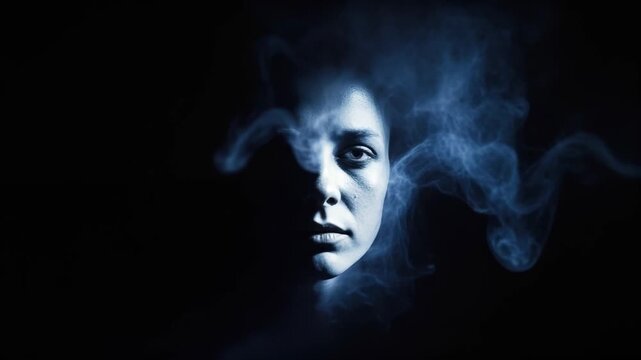 Mysterious face emerging from smoky darkness in enigmatic sequence