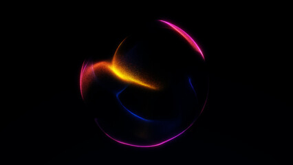 Colorful glowing sphere with pink, yellow and blue neon gradients on dark background. Abstract futuristic orb design.