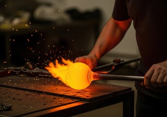 Glassblower shaping molten glass with a blowpipe, sparks flying in a workshop setting