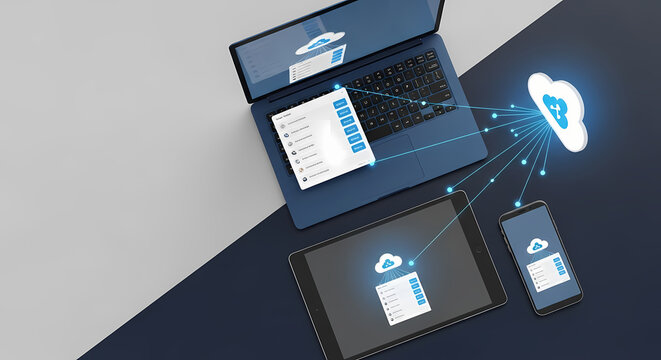 Cloud technology connects devices: laptop, tablet, and smartphone display cloud technology, enabling seamless data transfer and accessibility.
