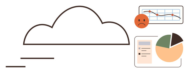 Cloud with pie chart, line graph, and sad face analysis metric representing data trends and outcomes. Ideal for analytics, performance, business, finance, technology, evaluation and abstract