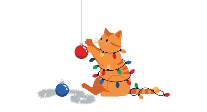 Adorable cartoon cat tangled in Christmas lights playing with a red ornament, adding a touch of festive fun to your holiday designs and creative projects with playful charm