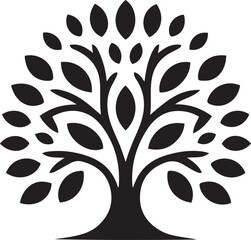 Stylized black tree silhouette with open branches and detailed oval leaves symbolizing growth and nature transparent background
