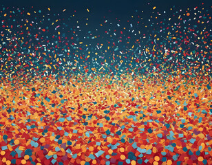 A vibrant confetti background with a dense bottom layer fading into a sparse top, creating a colorful gradient effect on a dark blue background