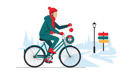 Fototapeta premium Enjoy the winter season with a bike ride through snowy landscapes, decorated with a festive wreath and ornaments, spreading holiday cheer and celebrating Christmas spirit