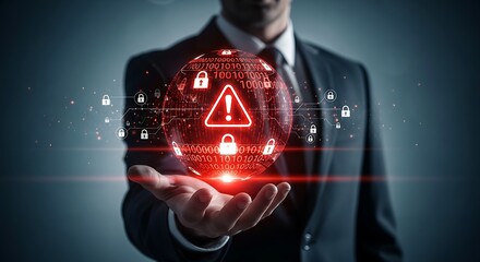 Businessman holding a glowing red digital sphere with a warning sign. Cybersecurity threat, data breach, and network vulnerability concept