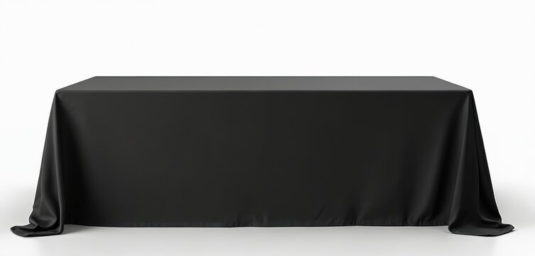 Black tablecloth on table against white background. Tablecloth for exhibition booth. Mockup table cover for trade show. Empty space for product placement. Template for branding display. Presentation
