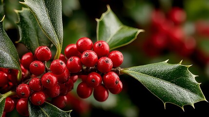 Close-Up of Red Holly Berries with Water Droplets on Green Leaves. Christmas, winter season decoration. 