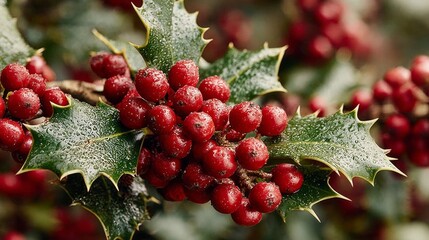 Red Holly Berries with dew drops on green leaves. Christmas, winter season decoration. 