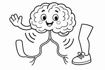 Obraz premium Cartoon Brain Signals. Brain and nerves children?s coloring book illustration, outlined drawing, a happy cartoon brain sending signal waves to an arm and leg