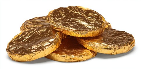A stack of chocolate coins covered in gold foil sits on a pristine white surface, ideal for celebrations such as parties, holidays, or as fun snacks for kids
