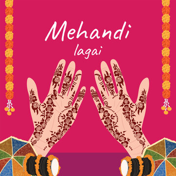 Mehandi Lagai favour cards or welcome board with mehandi hands dhool and umbrellas