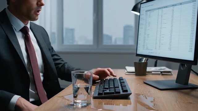 A man in a suit pouring water onto his keyboard, desk, and monitor, possibly in frustration