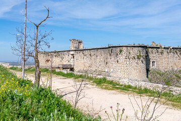 The medieval stone wall and entrance of the weathered Castillo de los Condes in Chinchón, Spain, framed by a lively field of yellow wildflowers and surrounded by a dirt road