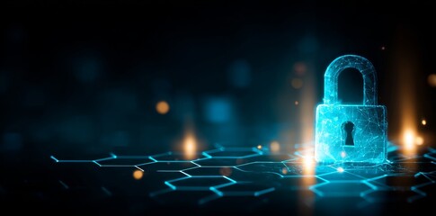 A radiant padlock rests on a circuit board-like surface comprising interconnected nodes and lines, representing cybersecurity and data protection within a digital realm at nighttime