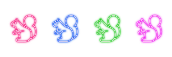 Neon glowing squirrel vector icons set, animals, wildlife, rodents, cute, vibrant, colorful digital design illustration on transparent background.
