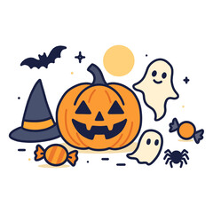 Cute Halloween Pumpkin and Ghost Set – Cartoon Illustration with Candy, Witch Hat, and Spider