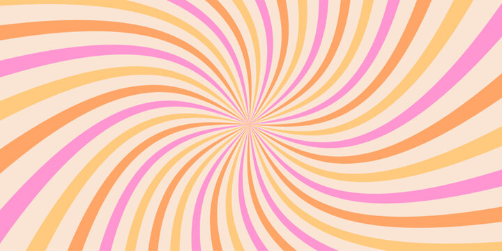 Retro swirl pattern. Vector groovy textured background. Spiral groovy sunburst radial backdrop. Vintage psychedelic wavy pink and orange vortex. Funky striped summer poster