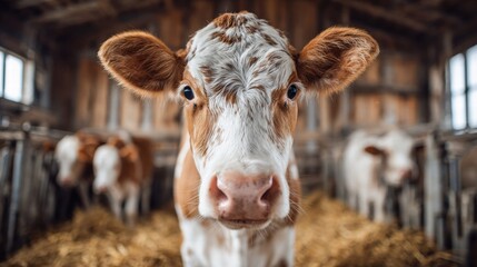Close-up of a curious calf in a rustic barn setting, gazing directly at the camera.