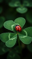 Close-up of a ladybug on a vibrant green four-leaf clover in soft natural light.