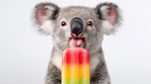 Koala enjoying a colorful popsicle on a bright, white background, looking adorable.