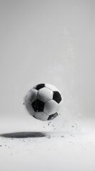 Naklejka premium Dynamic black and white soccer ball frozen in mid air.