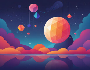 A surreal night landscape vector illustration featuring a large, low-poly polygonal moon and geometric shapes hanging in a dark sky over a reflective body of water.