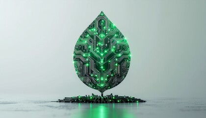 3D render of glowing green leaf formed from electronic circuit lines. Concept of sustainable innovation, eco-friendly technology, and future digital growth.