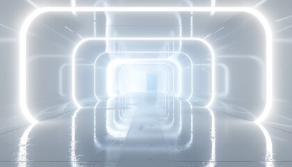 Bright futuristic white tunnel with glowing neon lights and reflective floor. Minimalist sci-fi corridor background in modern clean 3D style for technology or innovation themes.