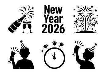 New Year 2026 Icon Set. Black Celebration Silhouette featuring Fireworks, Toast and Party Hats