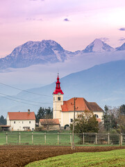 Church in front of mountains