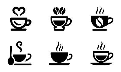 Coffee Cup Icon Set in Black Silhouette Style. Beans, Steam, Spoon and Saucer