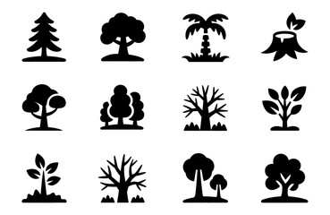 Tree Icons Black Silhouette Set. Pine, Palm, Oak and Sapling