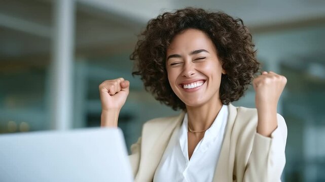 Happy businesswoman celebrating success at laptop in modern office. businesswoman, success, laptop, celebration, office, achievement, winner, happy, business, professional, motivation, career