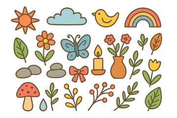 Colorful Serene Doodle. serene layout. Colorful Hand-drawn doodle Children illustration serene layout flowers, leaves, stones, candle, vase, ribbon, butterfly,