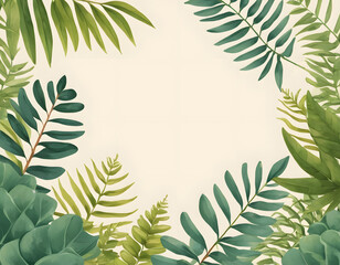 A lush, watercolor-style illustration of assorted green tropical leaves and ferns creating a decorative frame around a light, blank central space.