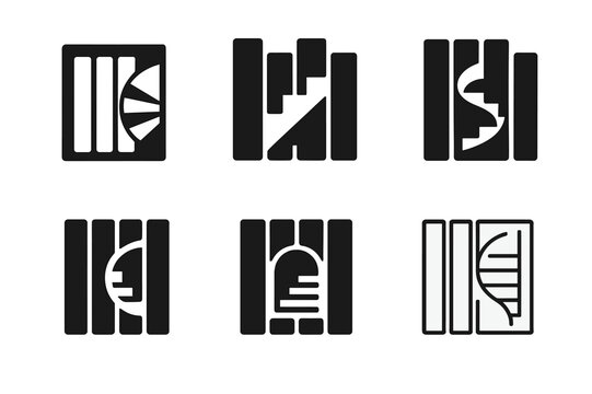Secret Staircase Logo Designs. Secret staircase. Set Logo of Secret staircase: spiral steps behind bookshelf. harmonious logo variations of the same emblematic