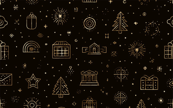 Ilustra&ccedil;&atilde;o vetorial de um padr&atilde;o sem costura de Natal com elementos dourados em um fundo preto, ideal para design festivo.