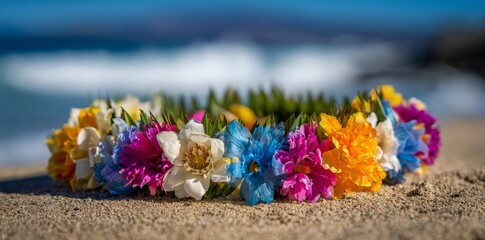 A circular arrangement of vibrant tropical flowers and lush green leaves rests on golden sand beside the ocean, where gentle waves caress the shore and create a serene ambiance at sunset