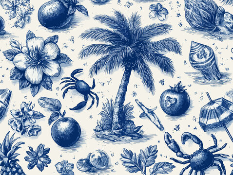 Ilustra&ccedil;&atilde;o vintage em azul com elementos tropicais, como palmeiras, flores, frutas e animais marinhos, criando um padr&atilde;o decorativo.