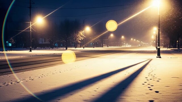 Snowladen night street with falling flakes and glowing lamp posts