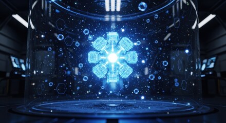Futuristic Blue Energy Core in a Dark High-Tech Chamber.
