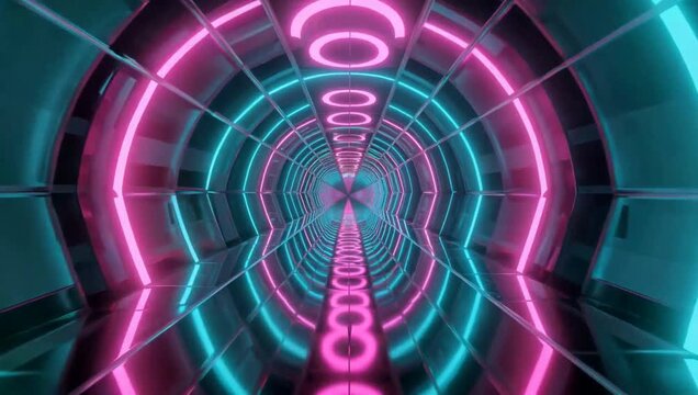 A futuristic tunnel with glowing neon pink and cyan rings receding into the distance.