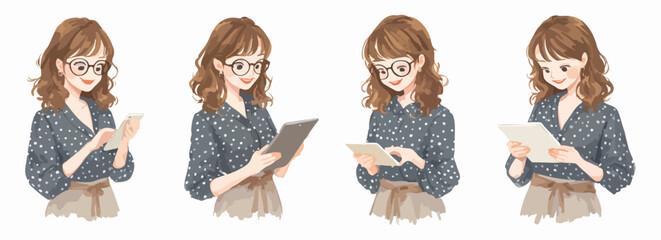 Ilustração de uma jovem mulher com óculos e cabelo castanho, usando um tablet em diferentes poses, ideal para design gráfico.