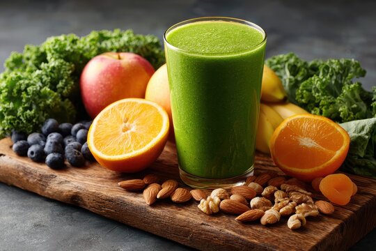 Vibrant green refreshment smoothie surrounded by fresh fruits nuts and leafy greens on a wooden board - Powered by Adobe