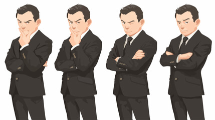 Conjunto de ilustrações vetoriais de um homem de negócios com expressões faciais diferentes e poses em um terno preto, ideal para projetos comerciais.