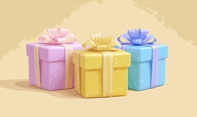 Três caixas de presentes coloridas com laços festivos sobre um fundo suave e claro.