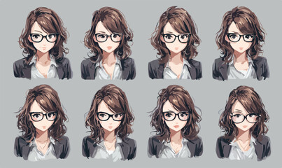 Conjunto de ilustrações vetoriais de uma mulher de negócios com diferentes expressões faciais e penteados.