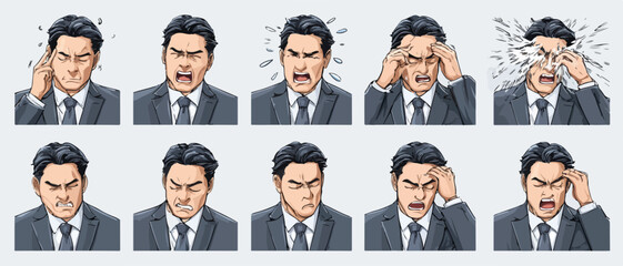 Coleção de expressões faciais masculinas em terno mostrando estresse e frustração intensos.